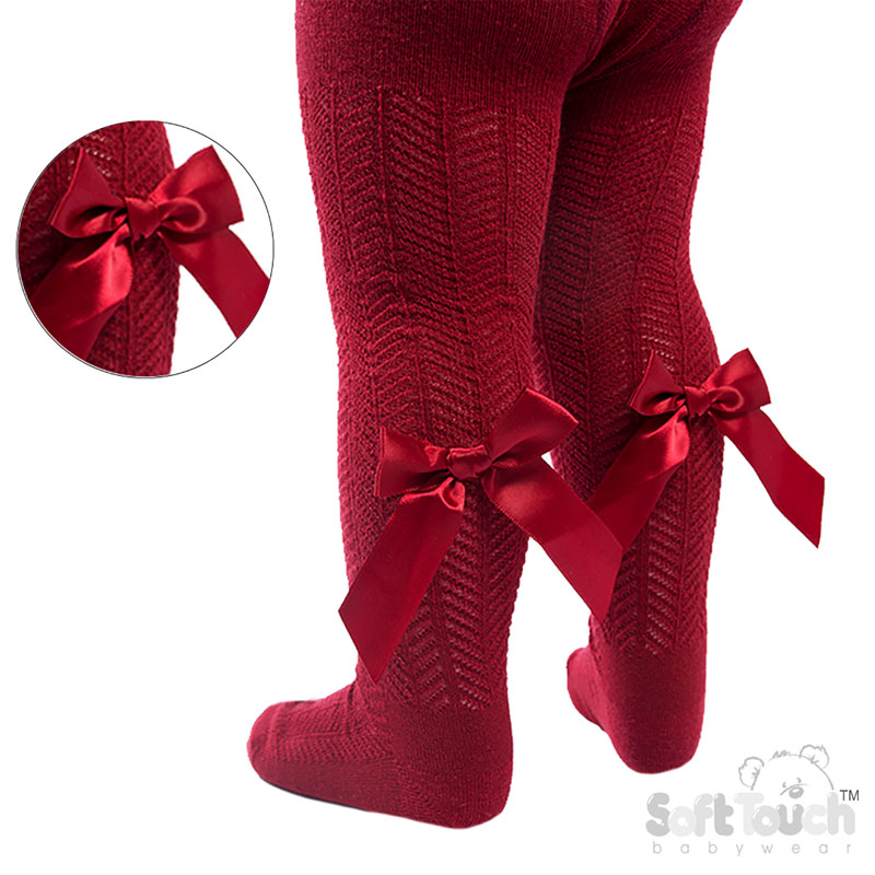 Burgundy 'Adorable' Jaquard Tights w/Long Bow : T120-BU