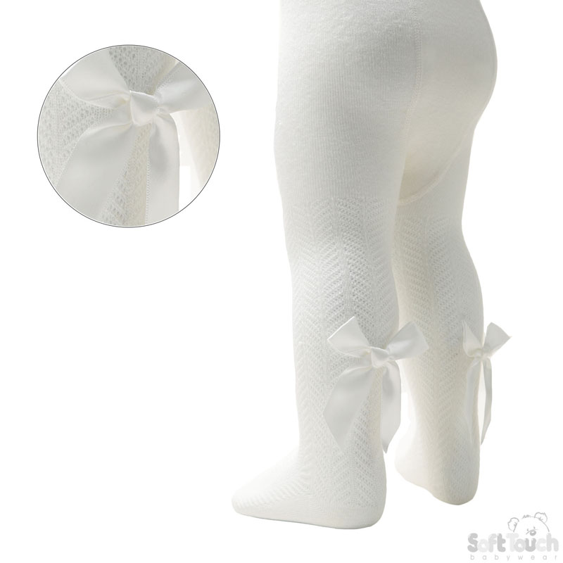 Cream 'Adorable' Jaquard Tights W/Long Bow No. T120-C