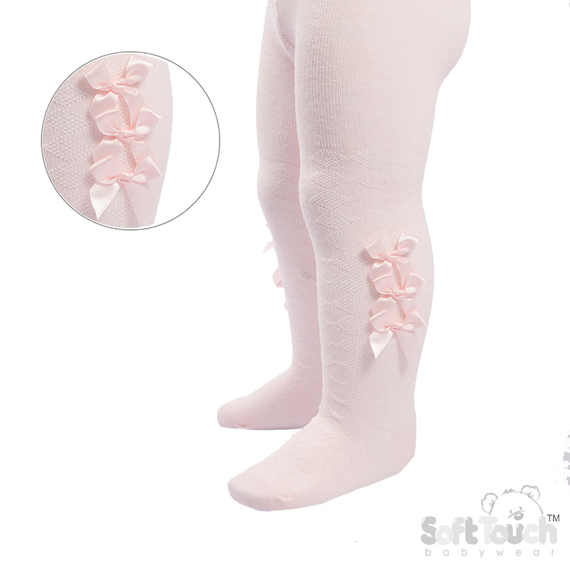 Baby Pink Diamond Jaquard Tights W/3 Small Bow No.T124-BP