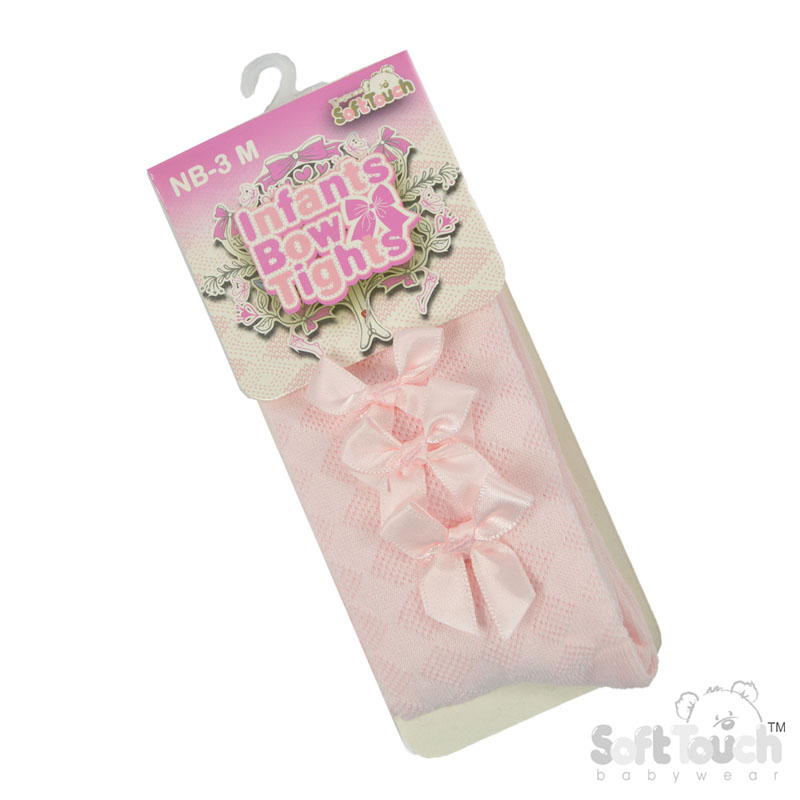 Baby Pink Diamond Jaquard Tights W/3 Small Bow No.T124-BP