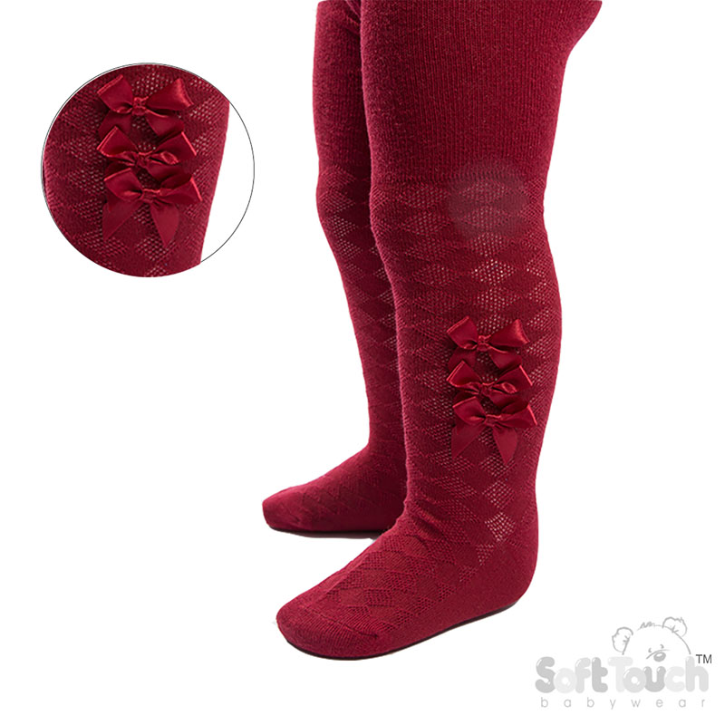 Burgundy Diamond Jaquard Tights w/3 Bows : T124-BU