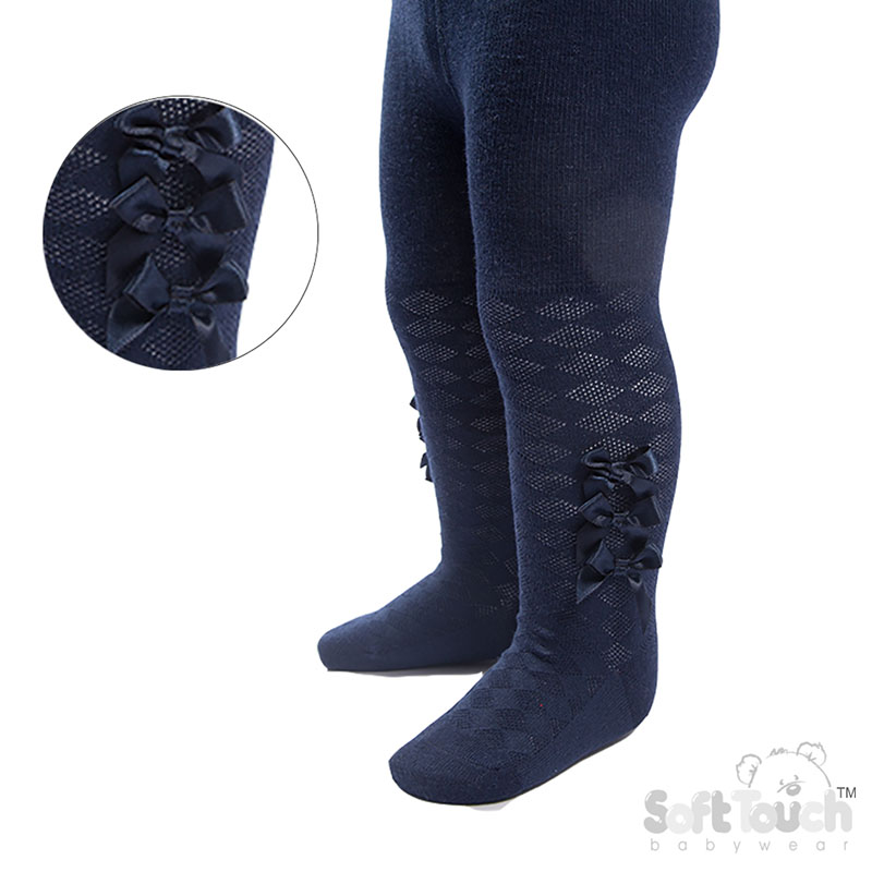 Navy Diamond Jaquard Tights w/3 Bows : T124-N