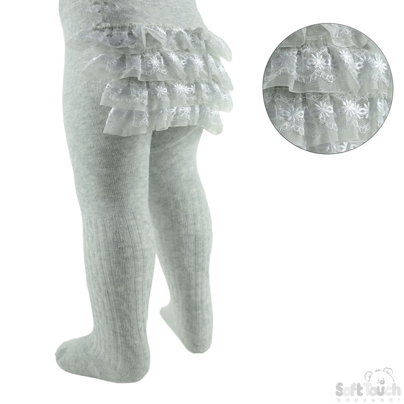 Grey Ribbed Tights W/Frill No. T126-G