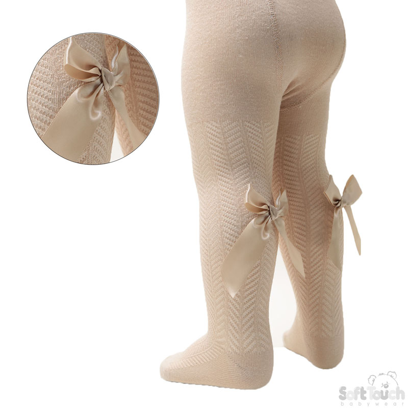 Beige Childs Tights with Long Bow No. T170-BE