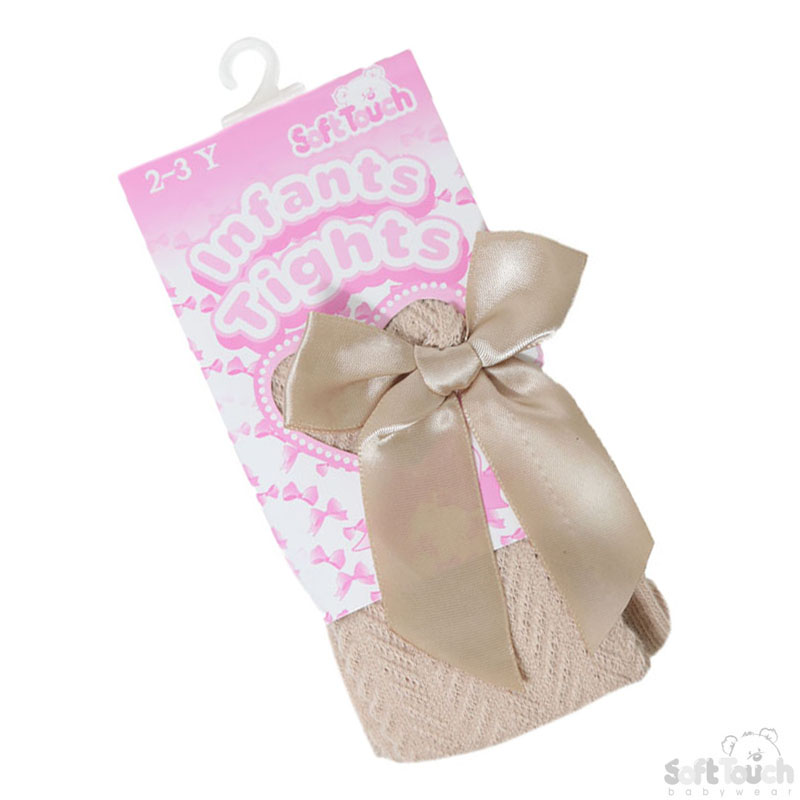 Beige Childs Tights with Long Bow No. T170-BE