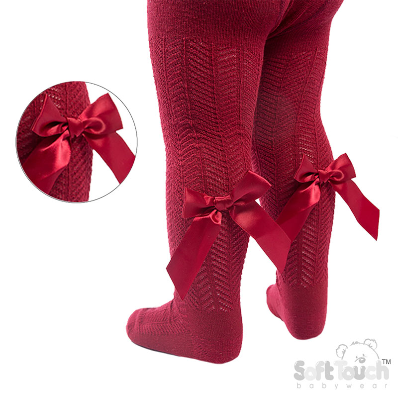 Burgundy 'Adorable' Chevron Childs Tights w/Long Bow : T170-BU