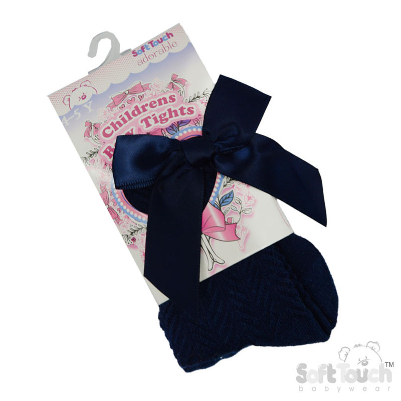 Navy 'Adorable' Chevron Childs Tights w/Long Bow : T170-N