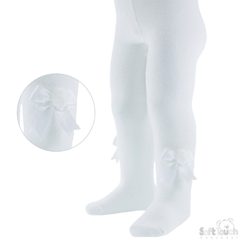 White Infants Tights W/Bow & Pom Pom No. T41-W
