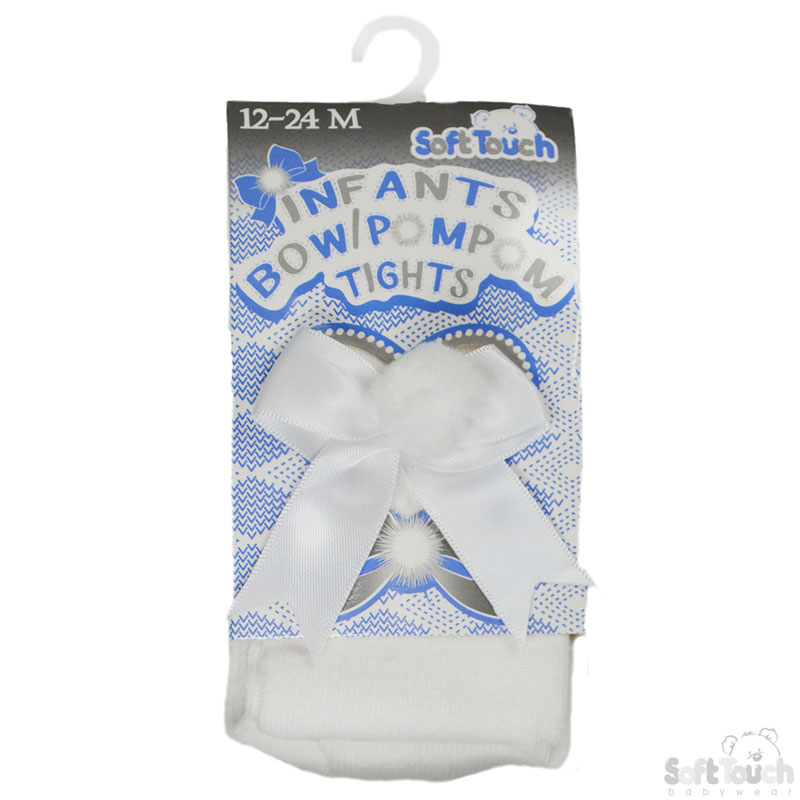 White Infants Tights W/Bow & Pom Pom No. T41-W