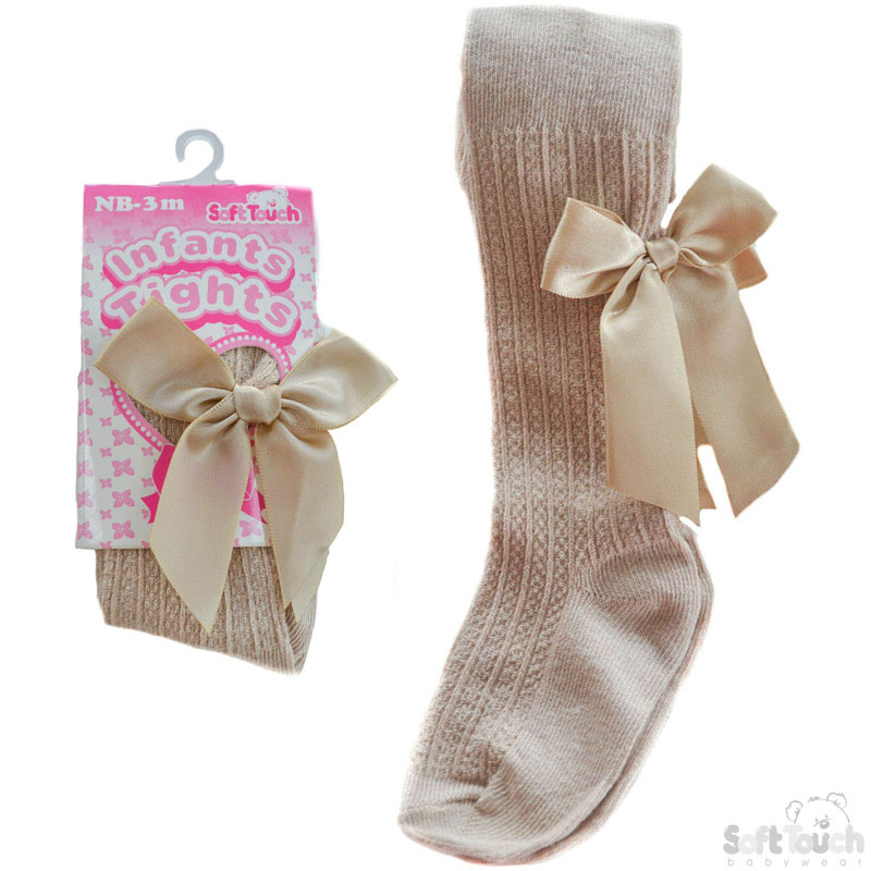 Beige Ribbed Tights W/Bow No. T42-BE
